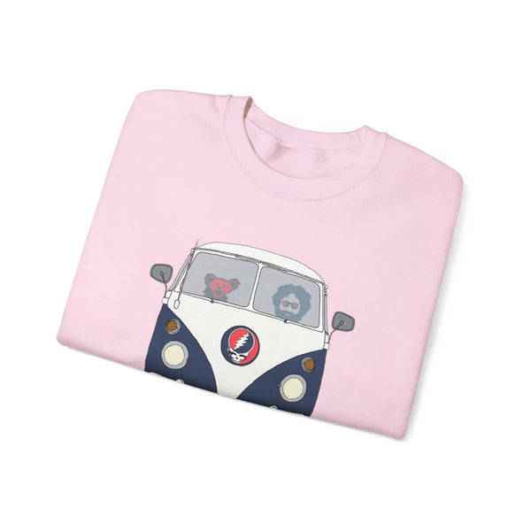 Light pink crewneck sweatshirt with blue bus graphic, flat lay