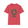 Red T-shirt with colorful dancing bears face graphic on the chest.