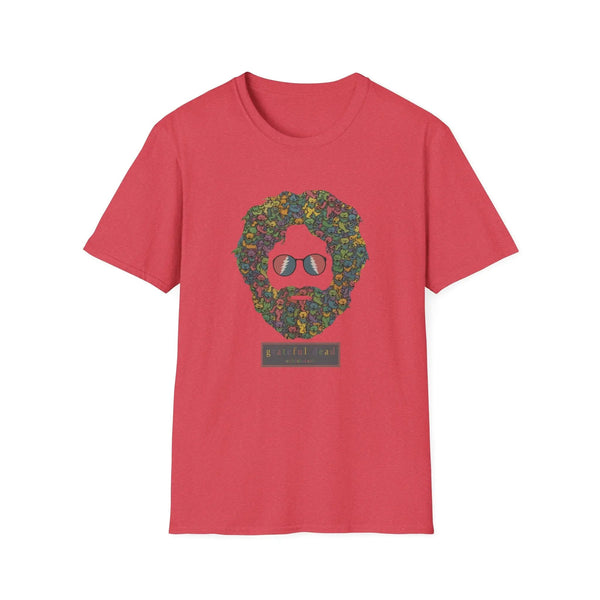 Red T-shirt with colorful dancing bears face graphic on the chest.