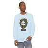 Men's long-sleeve T-shirt in light blue with colorful bearded face graphic at center