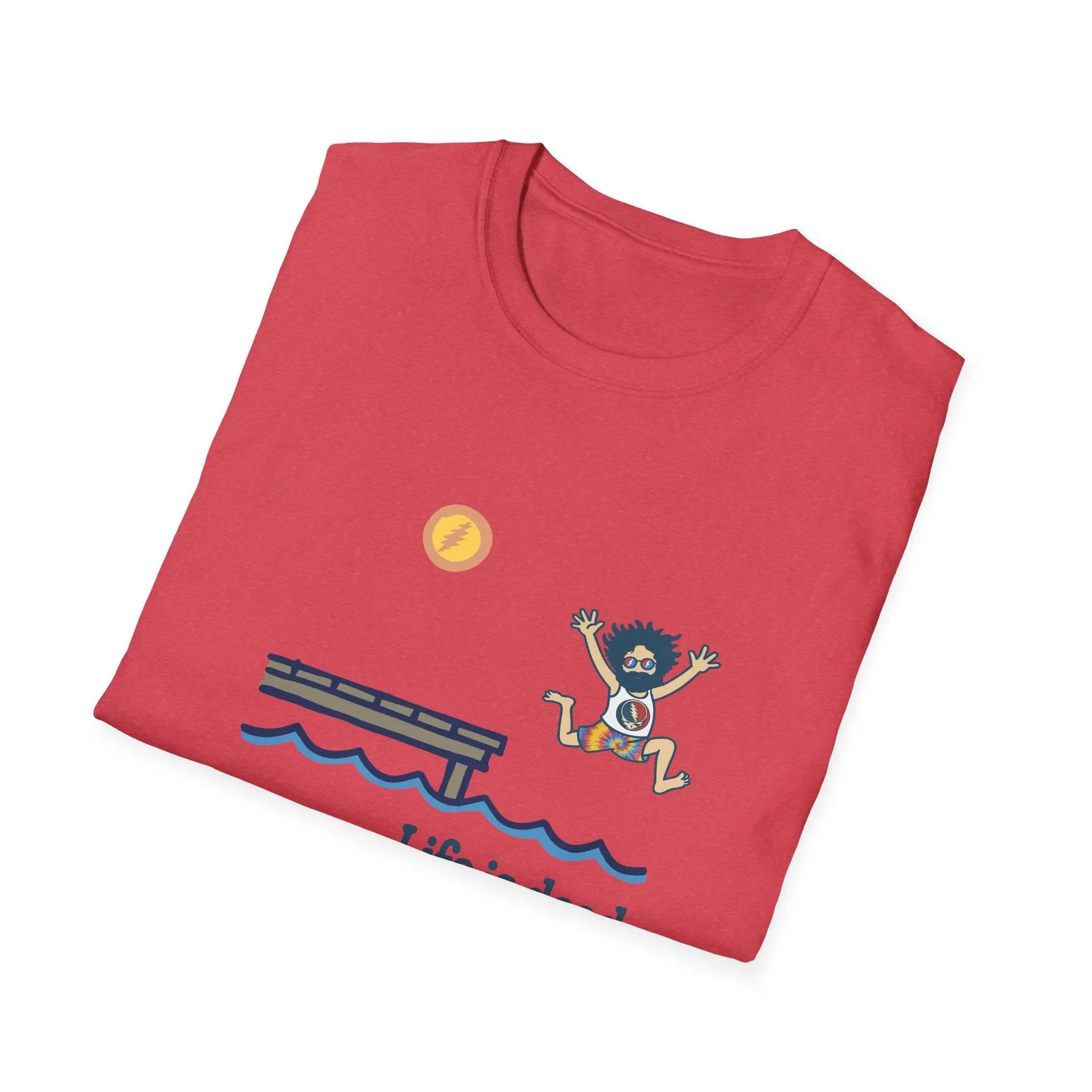 Red crewneck T-shirt with blue lake graphic and cartoon character print