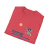 Red crewneck T-shirt with blue lake graphic and cartoon character print
