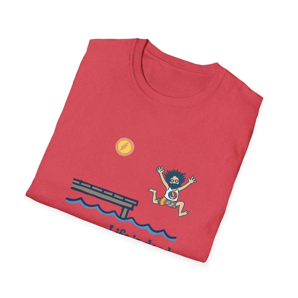 Red crewneck T-shirt with blue lake graphic and cartoon character print