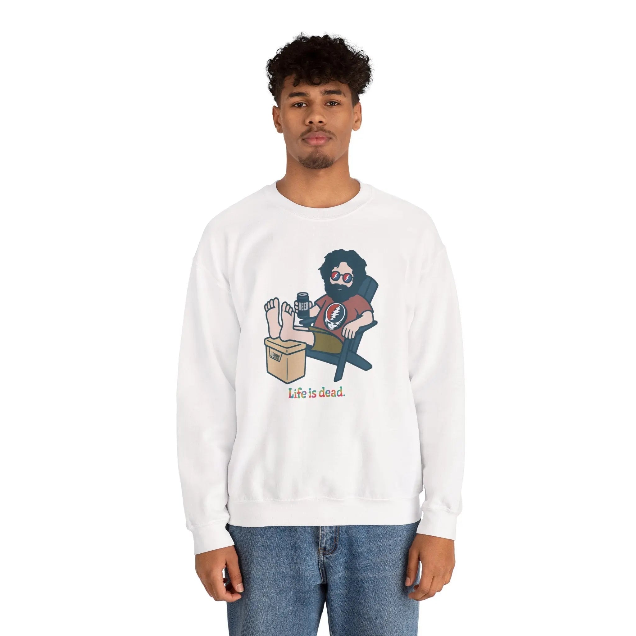 White crewneck sweatshirt with Jerry beer graphic front and ribbed cuffs