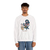 White crewneck sweatshirt with Jerry beer graphic front and ribbed cuffs