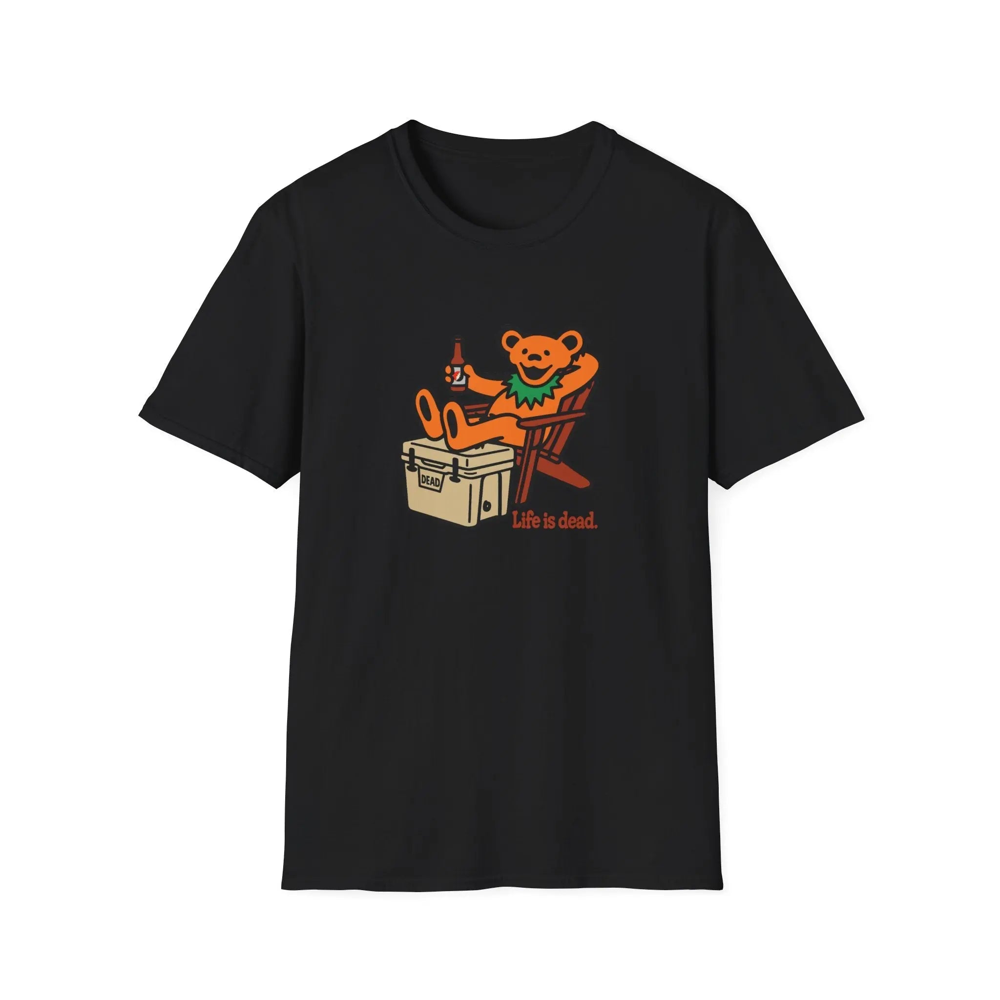Black T-shirt with cartoon bear graphic and 