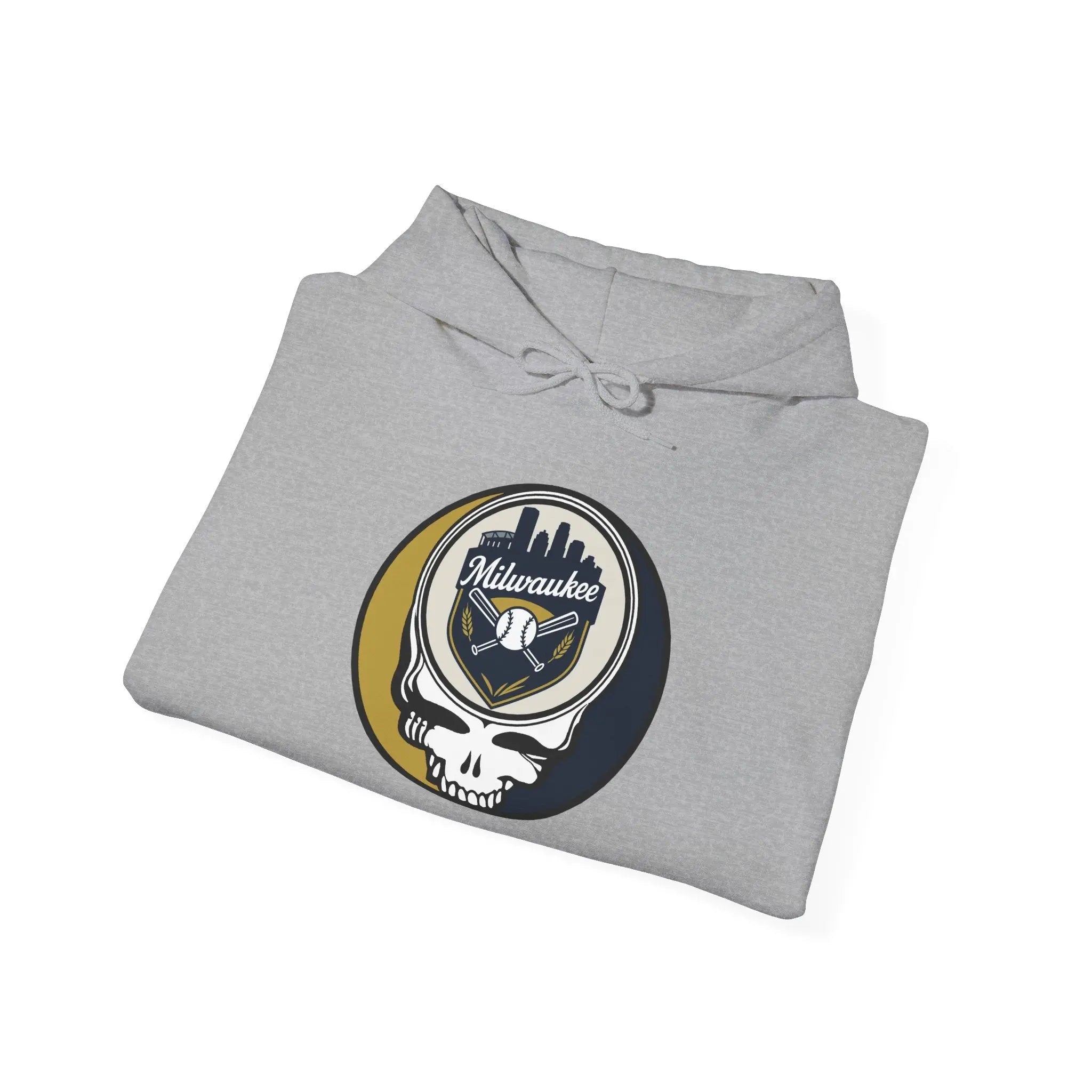 Sport grey hoodie with front hood and drawstring, featuring Milwaukee logo graphic.