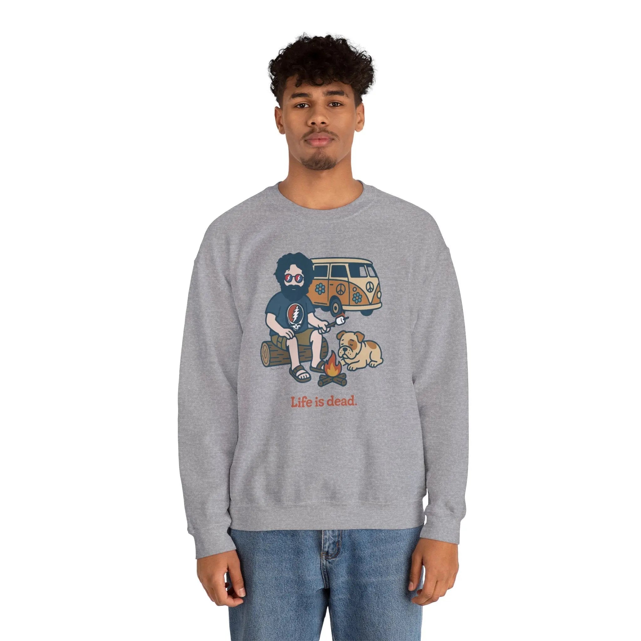 Unisex camping sweatshirt in sport grey with illustrated camper, dog, and skull graphic