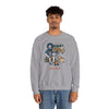 Unisex camping sweatshirt in sport grey with illustrated camper, dog, and skull graphic