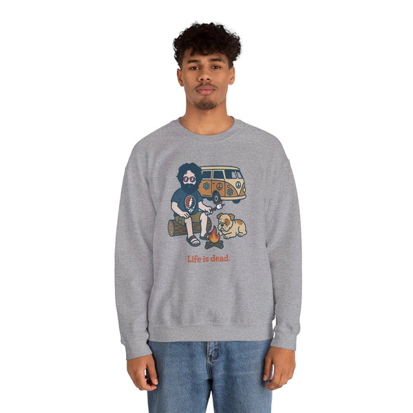 Unisex camping sweatshirt in sport grey with illustrated camper, dog, and skull graphic