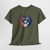 Green T-shirt with circular New York Mets logo skull graphic on chest