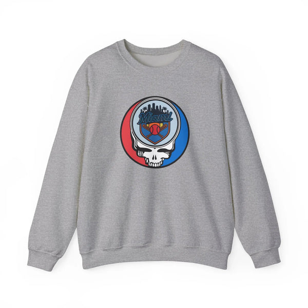 Sport grey crewneck sweatshirt featuring Miami Marlins skull logo on front