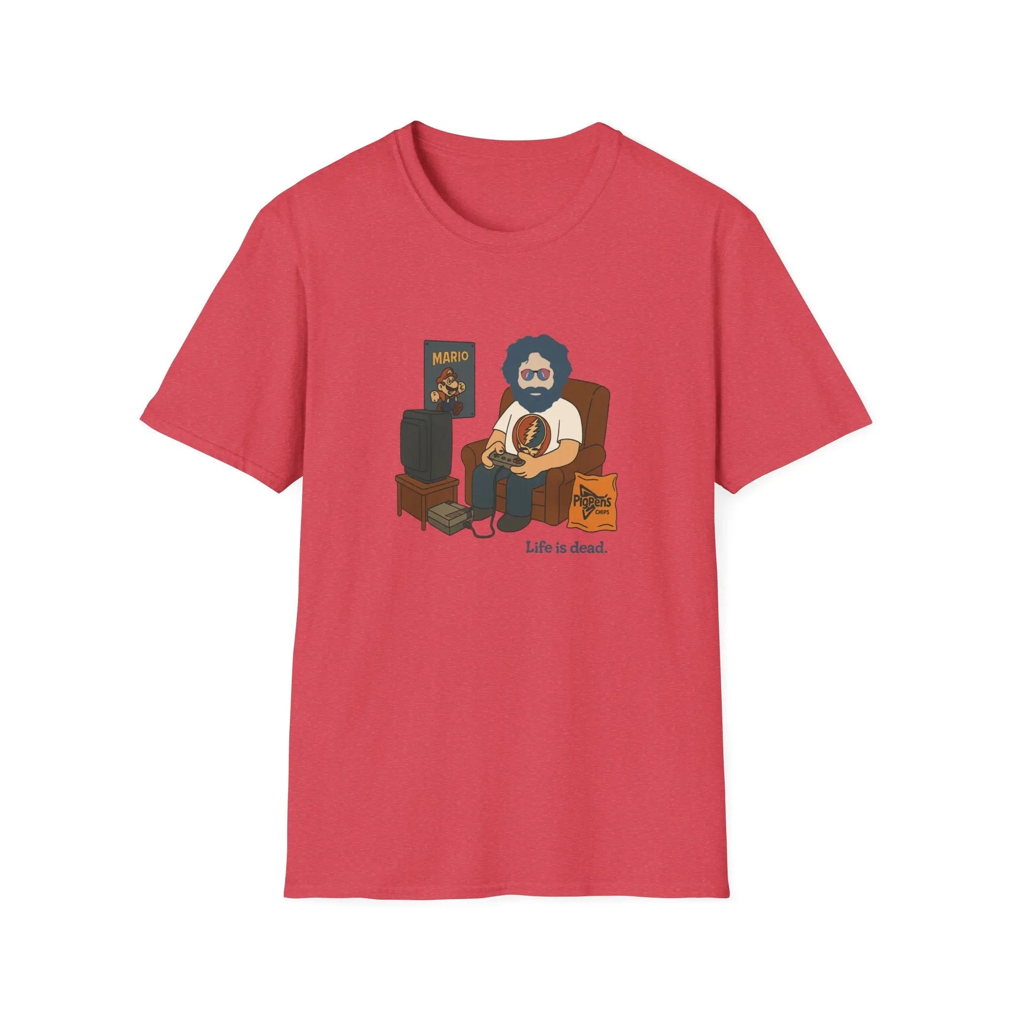 Red crew-neck graphic T-shirt with front cartoon character print