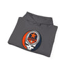 Folded charcoal Astros hoodie with front circular graphic logo and hood drawstrings