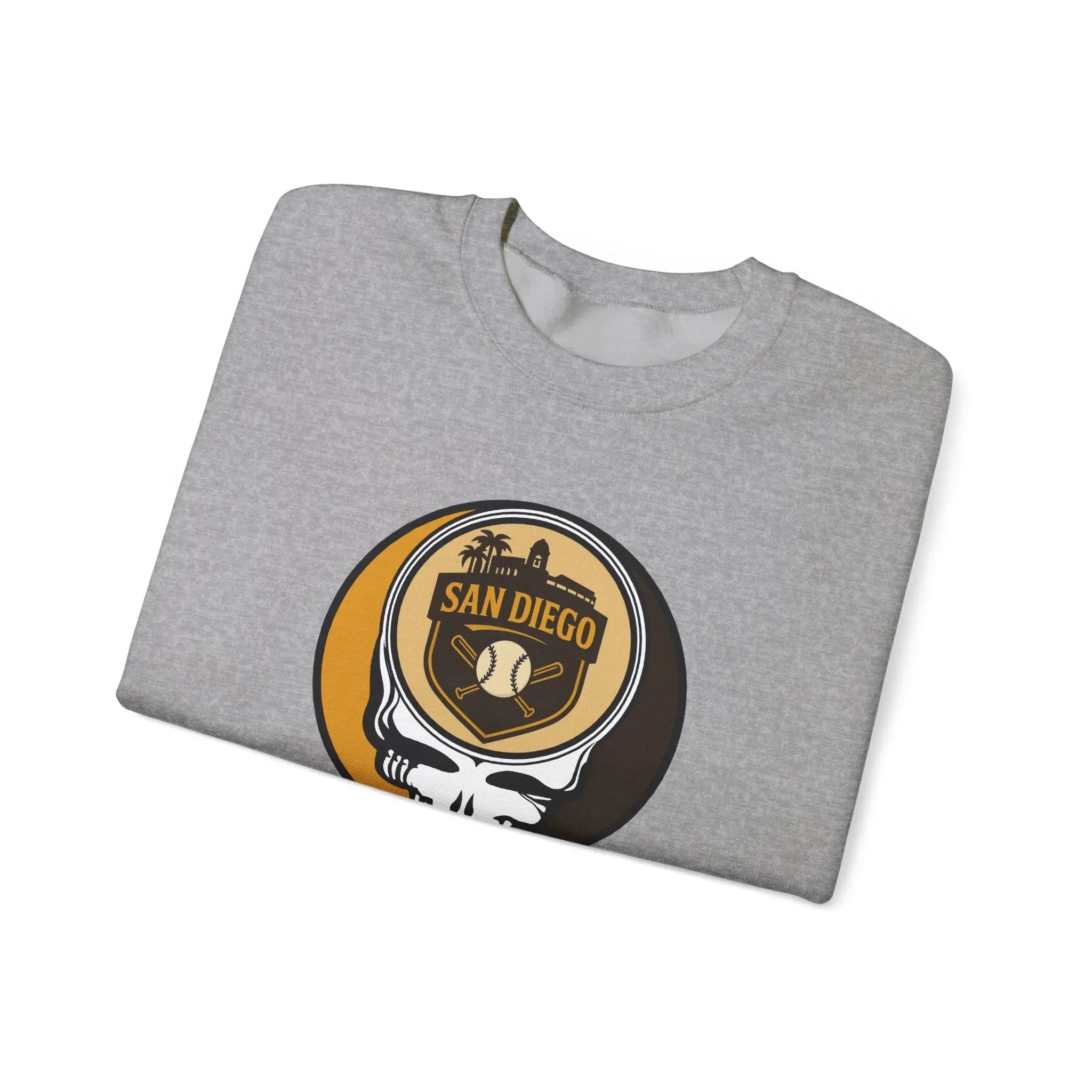 Sport grey crewneck sweatshirt featuring San Diego skull graphic on front