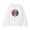 White crewneck sweatshirt with circular Washington logo graphic on the chest
