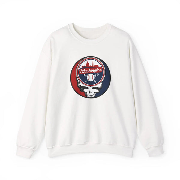 White crewneck sweatshirt with circular Washington logo graphic on the chest