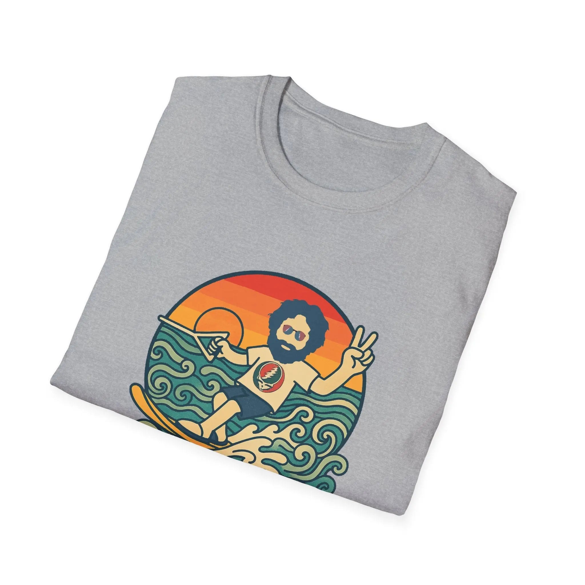 Heather gray T-shirt with front graphic of a bearded man in a circular orange scene