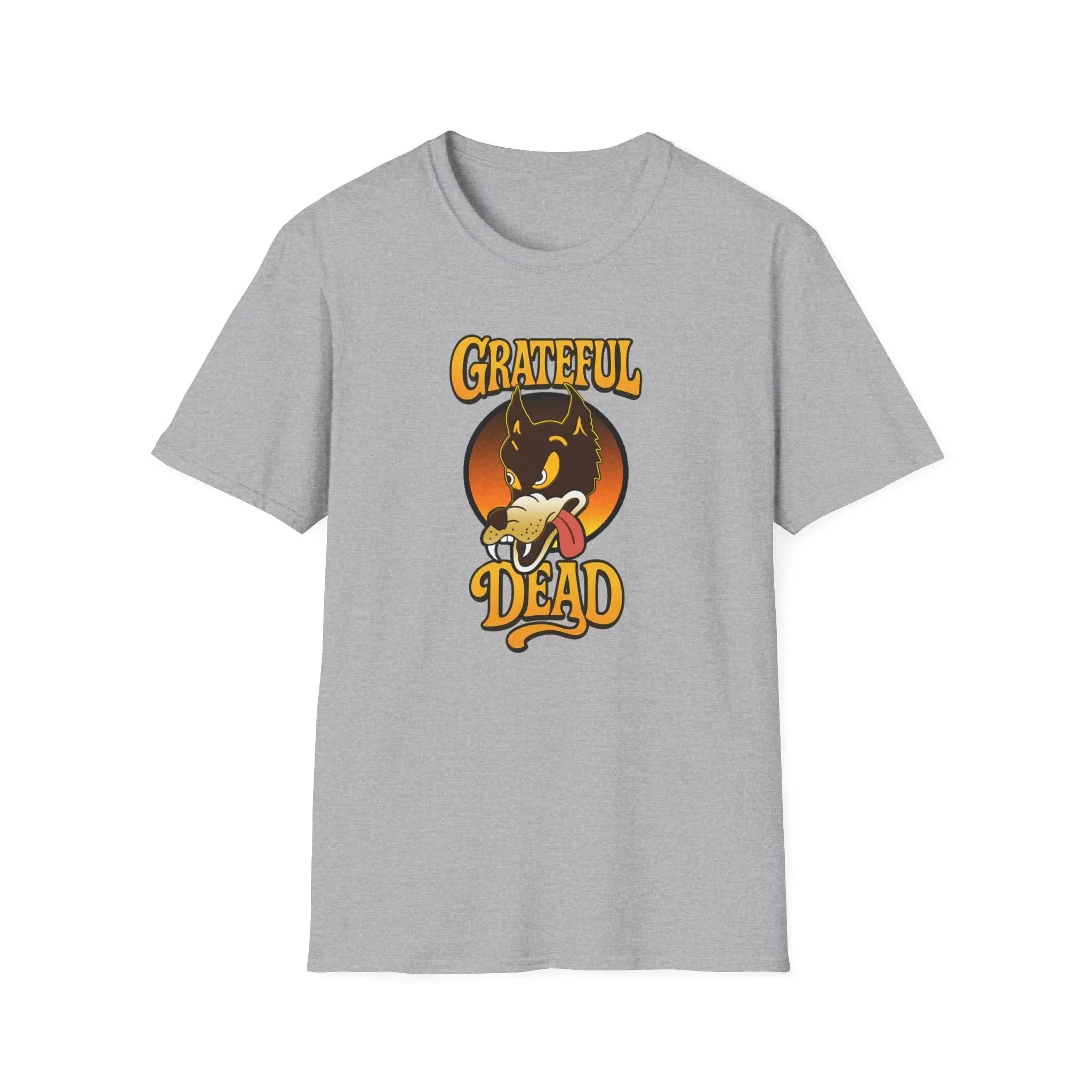 Light gray T-shirt with front graphic of wolf head and “Grateful Dead” lettering
