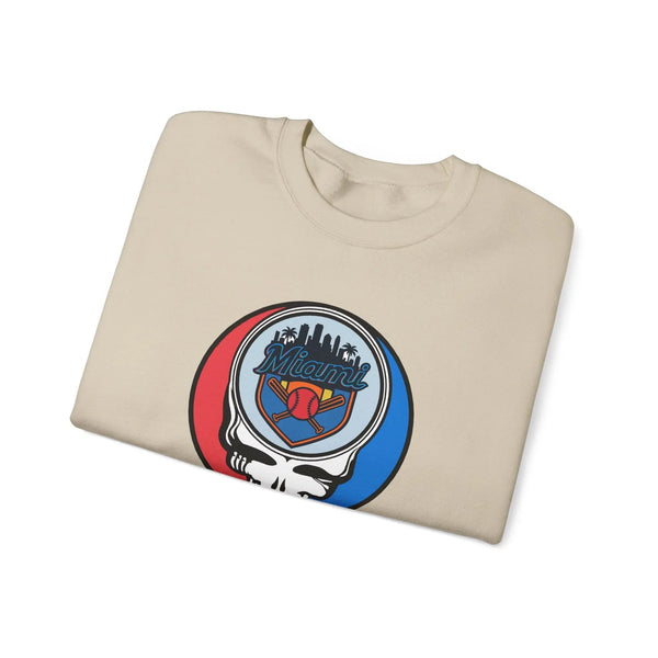 Sand beige crewneck sweatshirt with Miami Marlins skull logo, folded front view