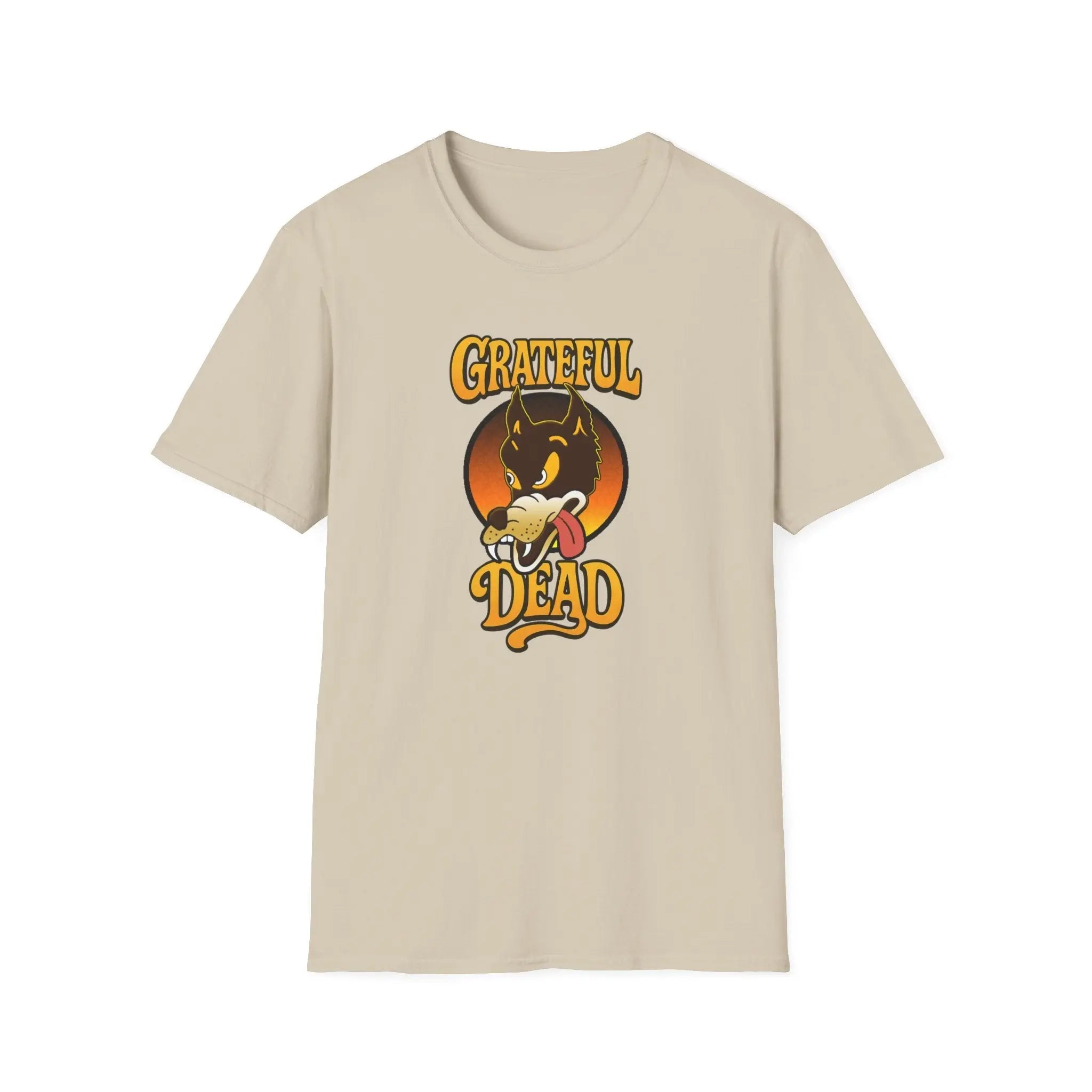 Sand beige T-shirt with front graphic of wolf head and “Grateful Dead” text