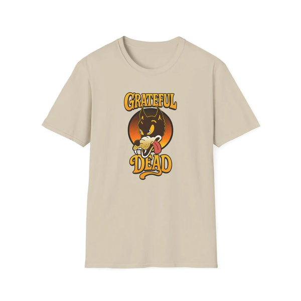 Sand beige T-shirt with front graphic of wolf head and “Grateful Dead” text
