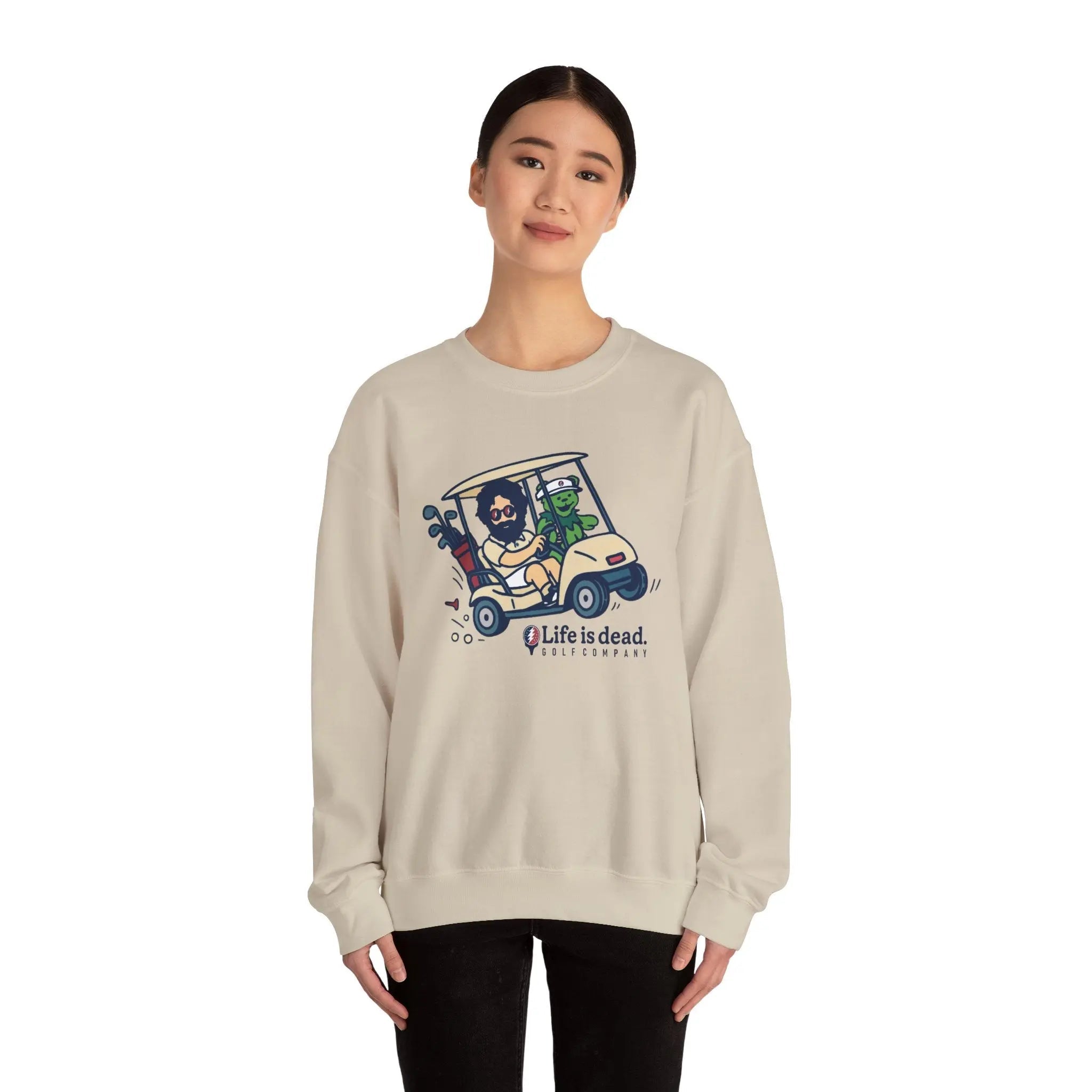 Light sand crewneck sweatshirt with colorful cartoon vehicle graphic on chest