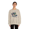 Light sand crewneck sweatshirt with colorful cartoon vehicle graphic on chest