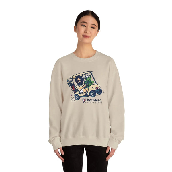 Light sand crewneck sweatshirt with colorful cartoon vehicle graphic on chest