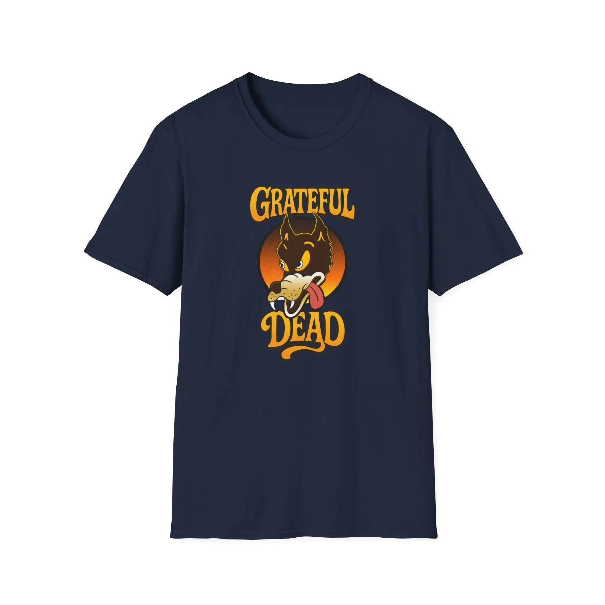 Navy blue T-shirt with front graphic of wolf head and “Grateful Dead” text