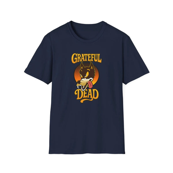 Navy blue T-shirt with front graphic of wolf head and “Grateful Dead” text