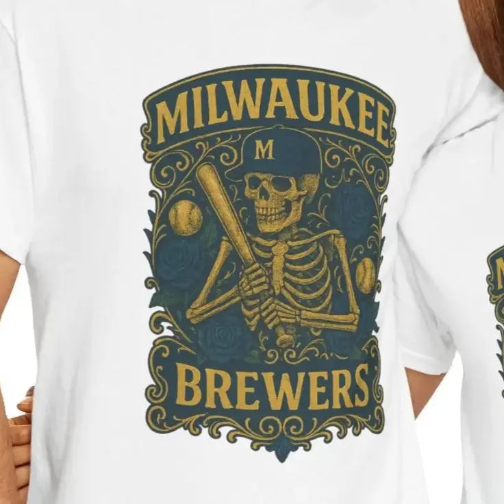 White short-sleeve t-shirt with Brewers skeleton logo in gold and dark green