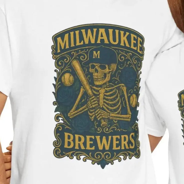 White short-sleeve t-shirt with Brewers skeleton logo in gold and dark green