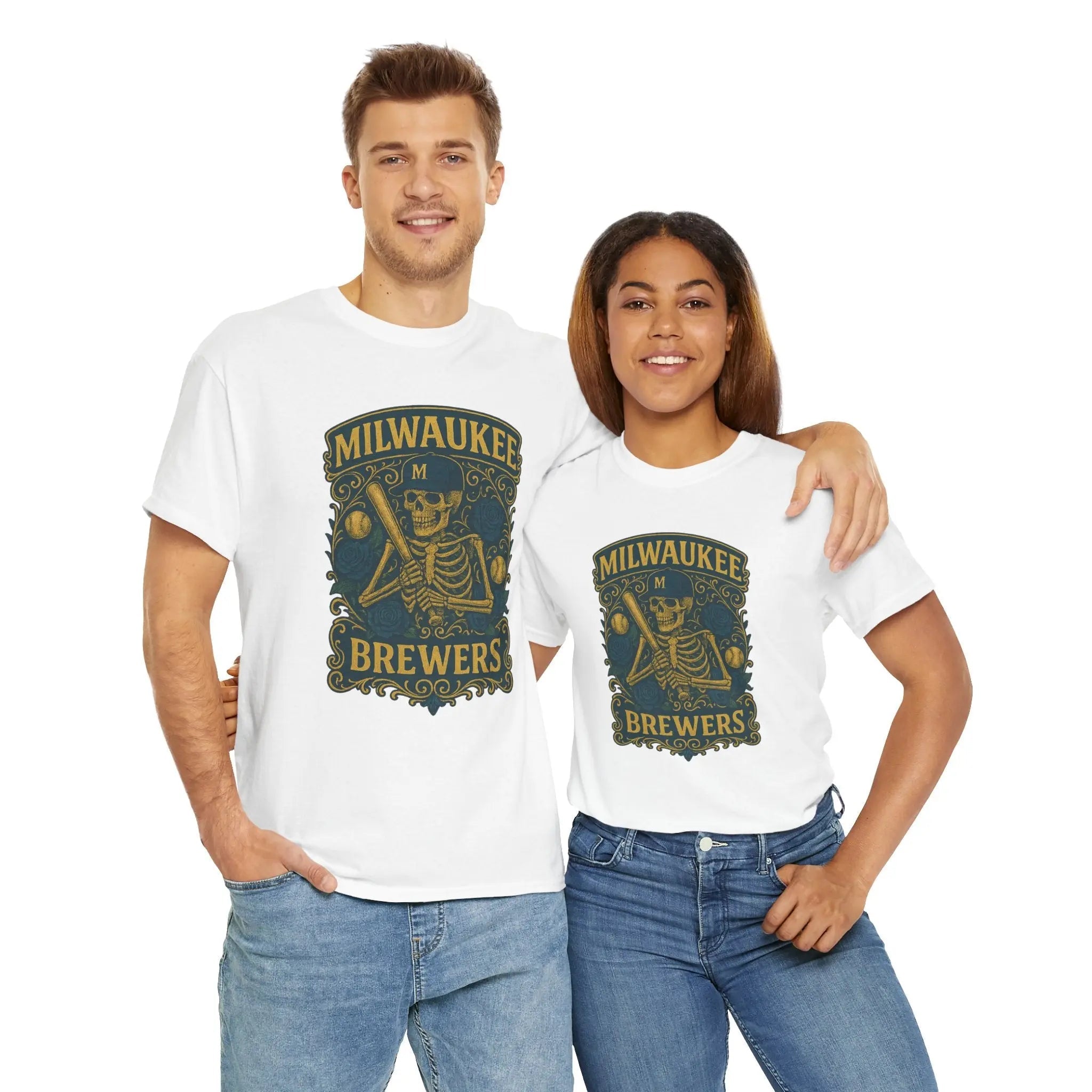 White unisex short-sleeve t-shirts with Brewers skeleton logo, front view