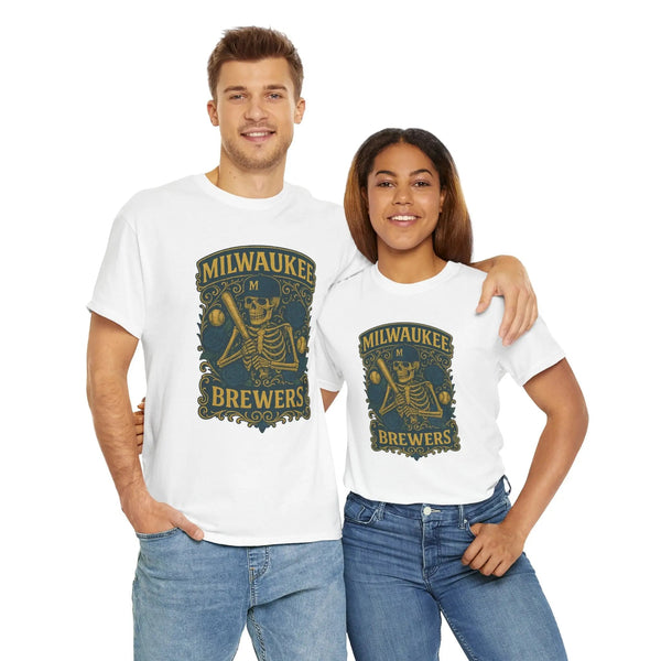 White unisex short-sleeve t-shirts with Brewers skeleton logo, front view