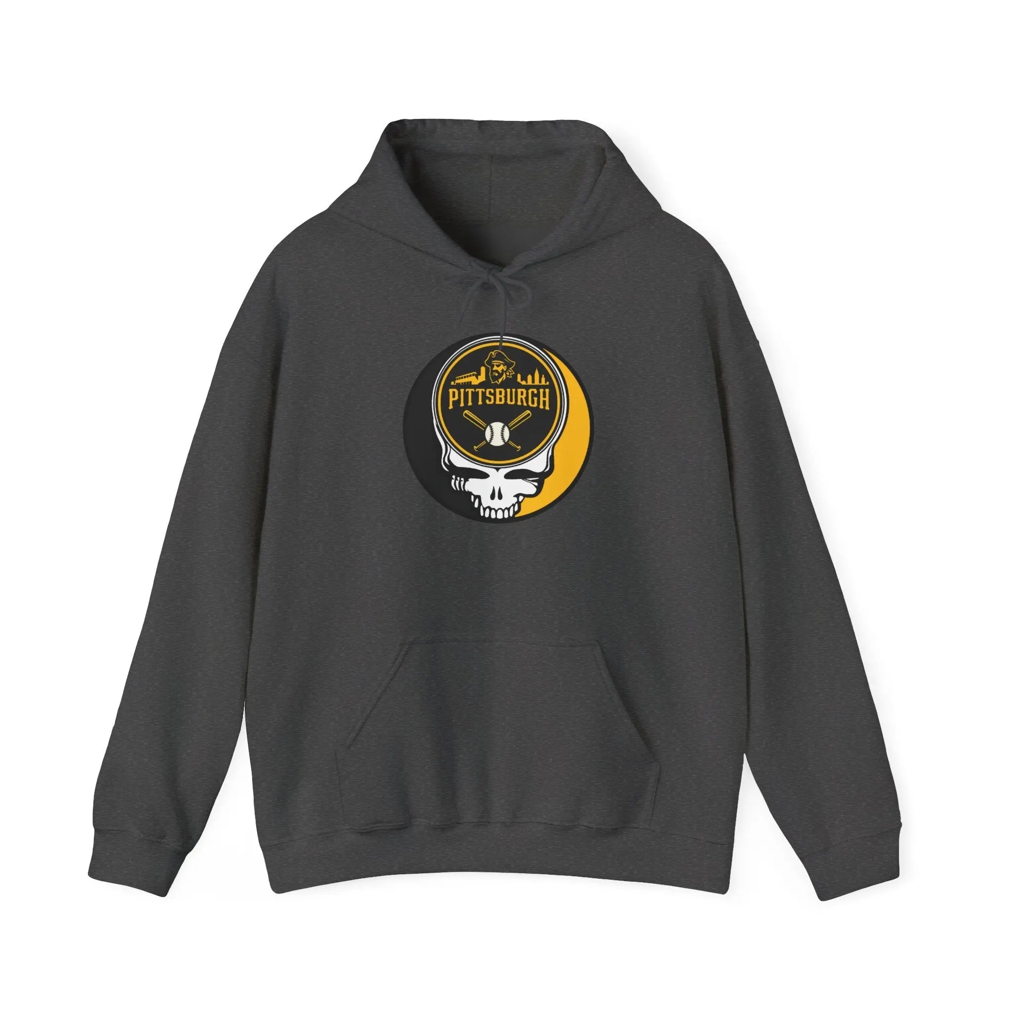 Charcoal Pittsburgh hoodie with front pouch pocket, drawstring hood, and Stealie logo