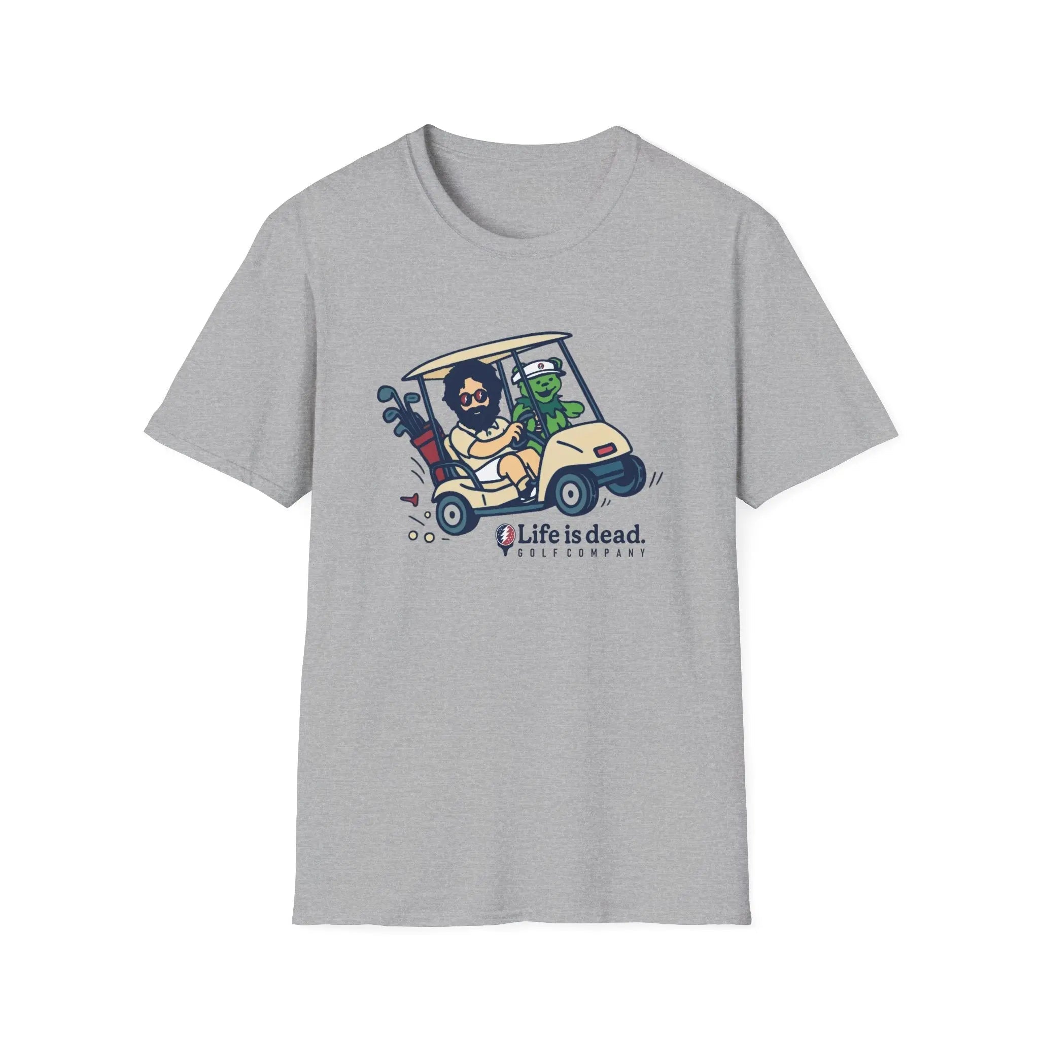 Sport grey graphic T-shirt with golf-cart cartoon and “Life is dead” logo on chest