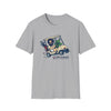 Sport grey graphic T-shirt with golf-cart cartoon and “Life is dead” logo on chest