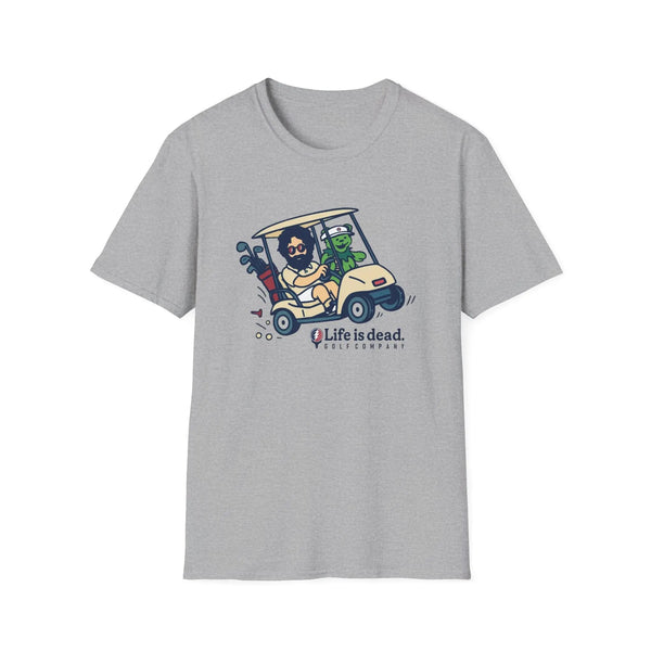 Sport grey graphic T-shirt with golf-cart cartoon and “Life is dead” logo on chest