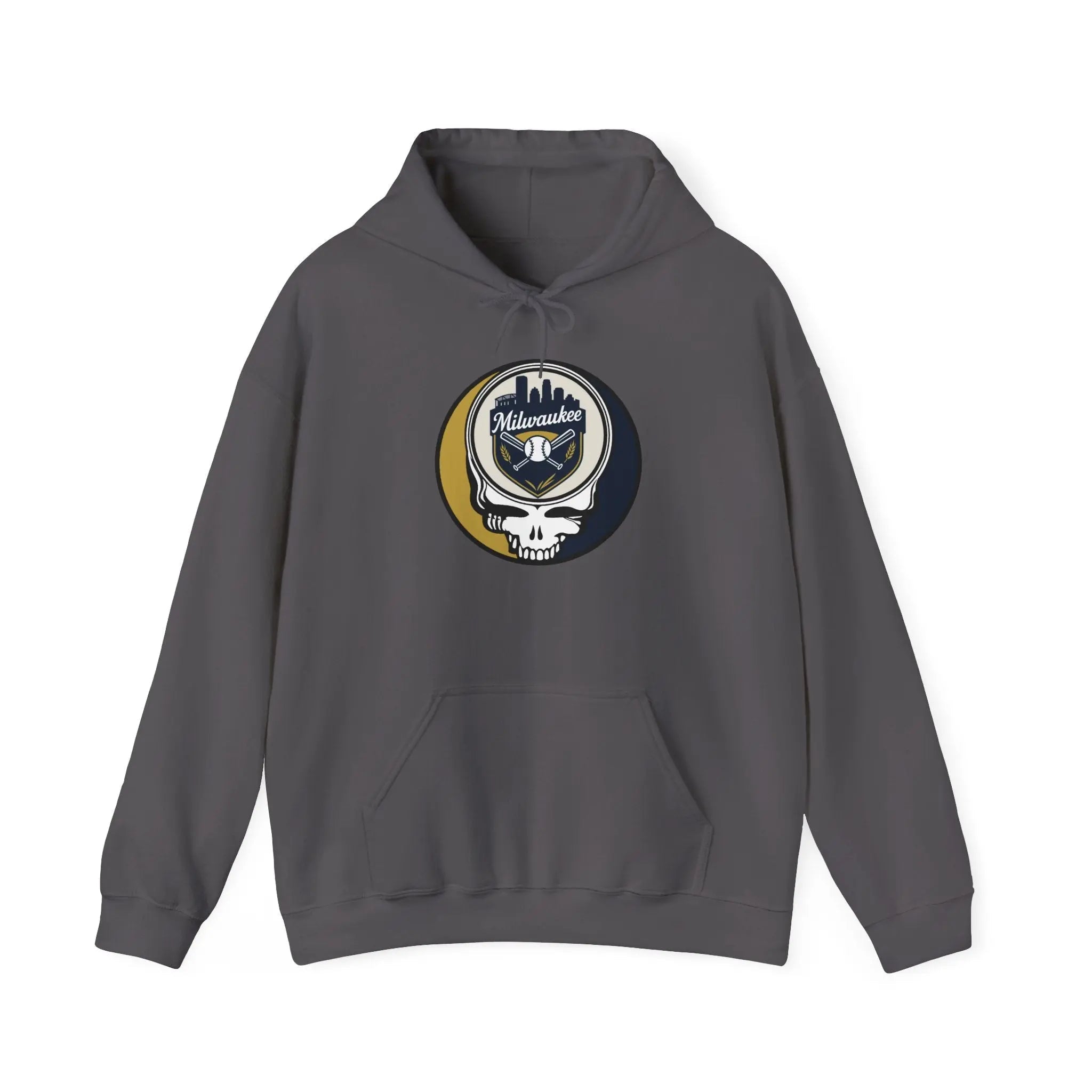 Dark charcoal hoodie with Milwaukee Brewers Stealie graphic and front kangaroo pocket
