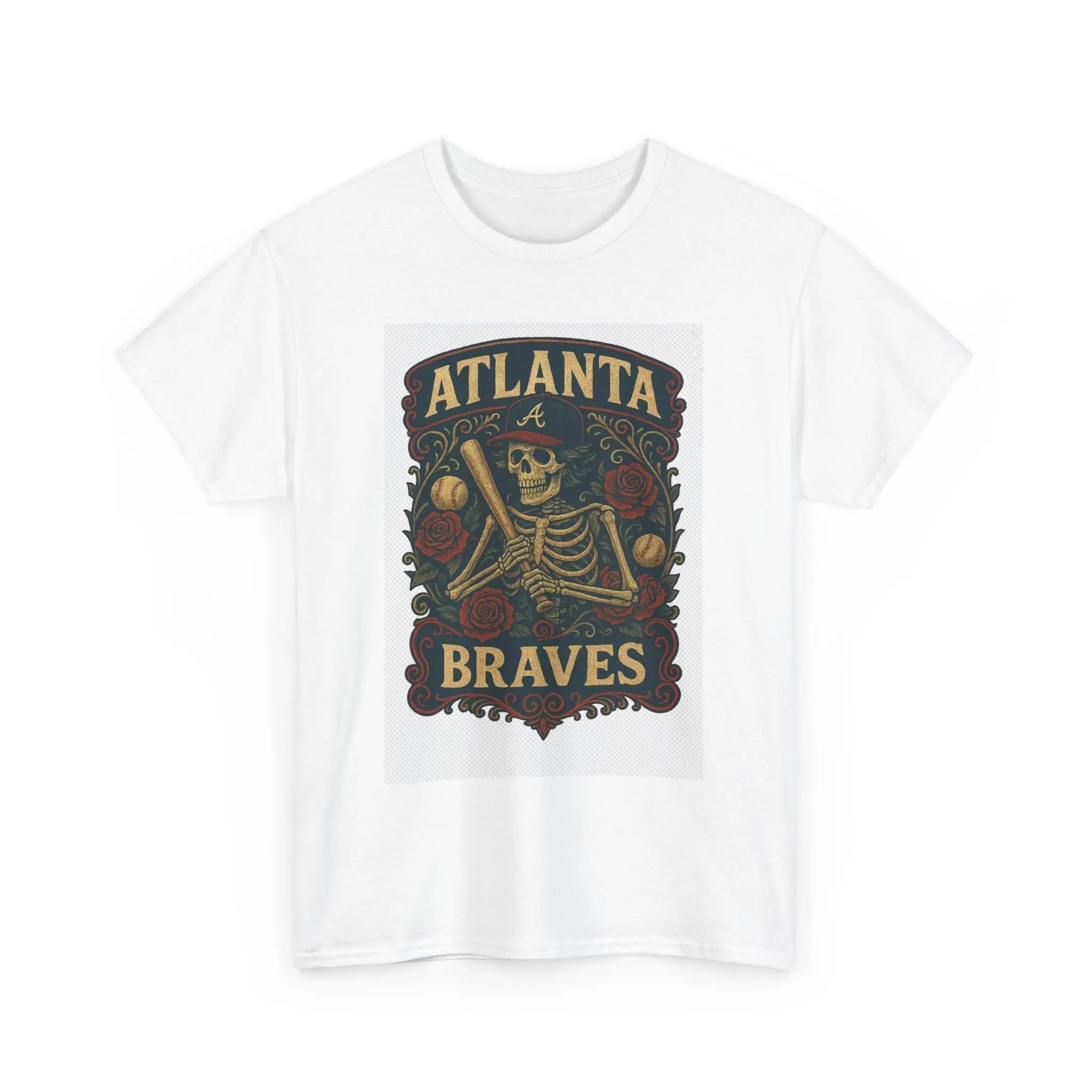 White short-sleeve T-shirt with Atlanta Braves skeleton shield graphic front