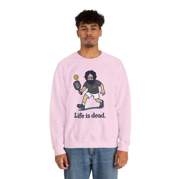 Light pink crewneck sweatshirt with cartoon character graphic and 'Life is dead,' modeled