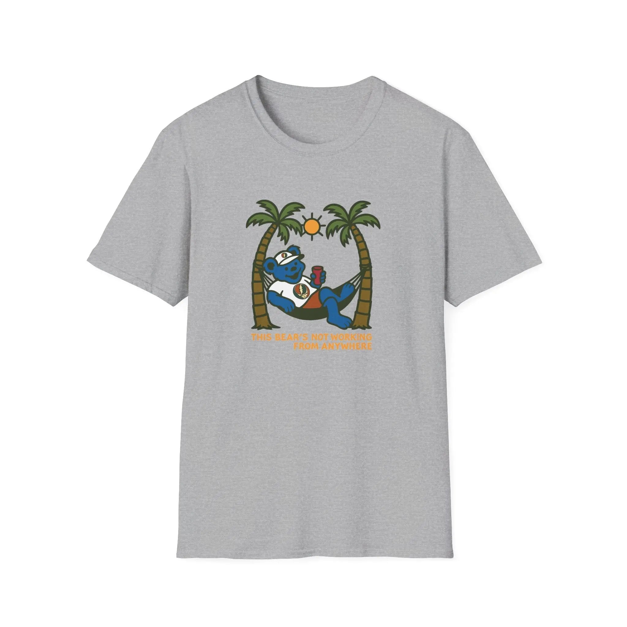 Heather gray graphic T-shirt with bear illustration and palm trees, crew neck short sleeves