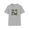 Heather gray graphic T-shirt with bear illustration and palm trees, crew neck short sleeves