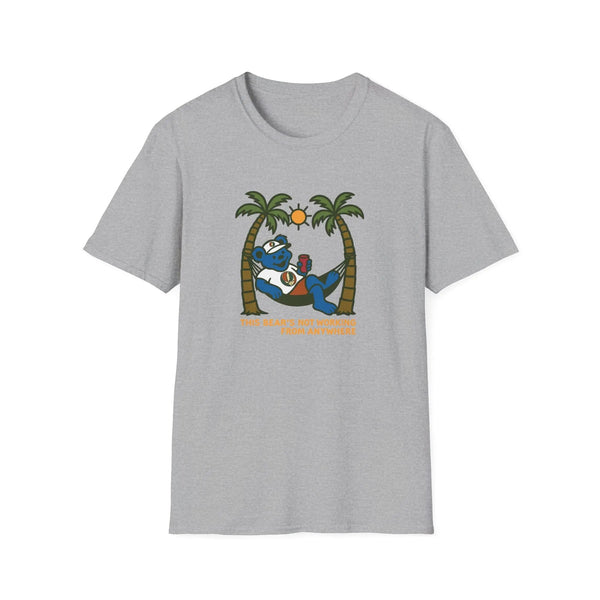 Heather gray graphic T-shirt with bear illustration and palm trees, crew neck short sleeves