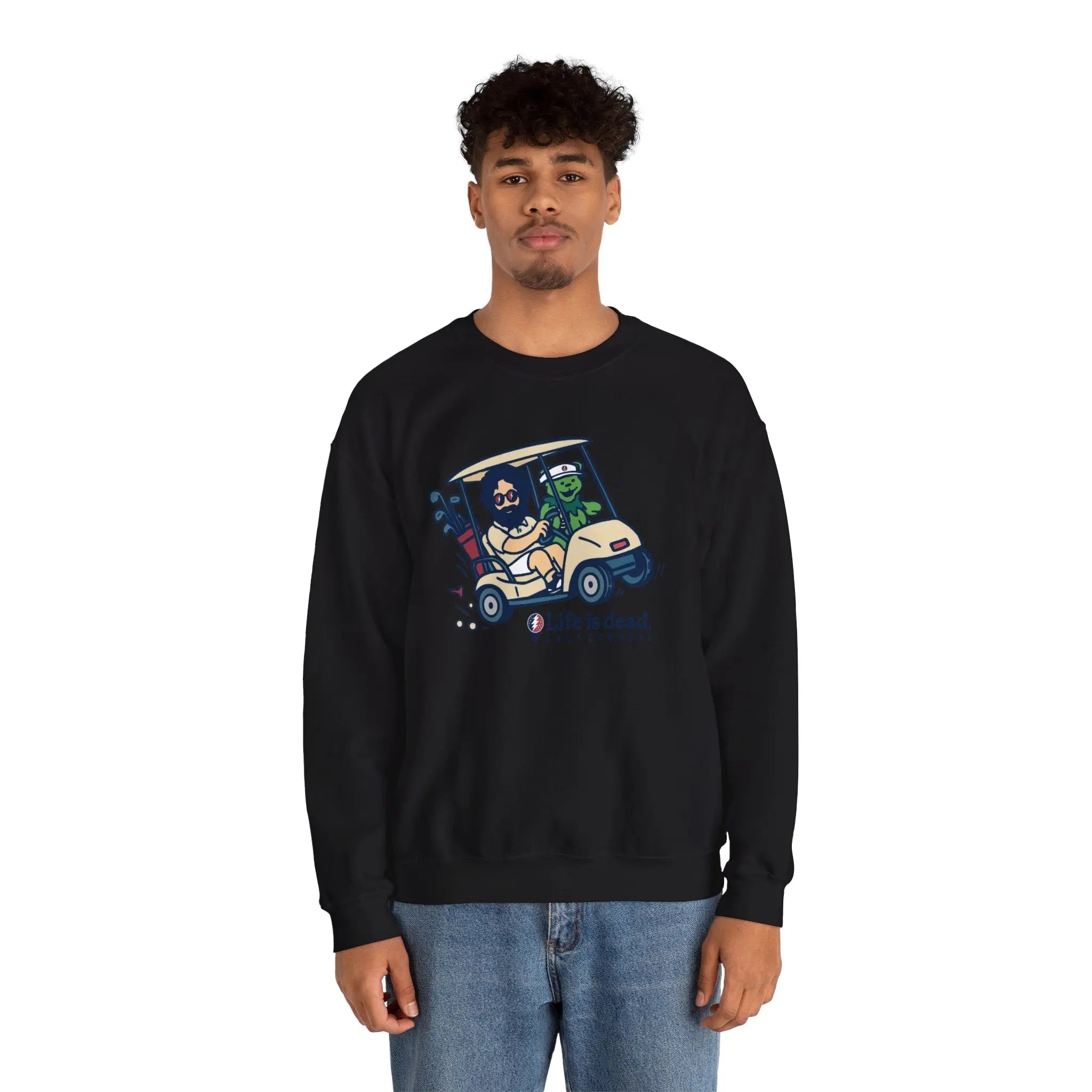 Black crewneck sweatshirt with cartoon car-and-characters graphic, pullover style