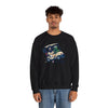 Black crewneck sweatshirt with cartoon car-and-characters graphic, pullover style