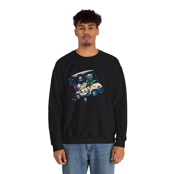 Black crewneck sweatshirt with cartoon car-and-characters graphic, pullover style