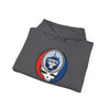 Dark gray hoodie with stacked-fold look, drawstring hood, Toronto logo emblem