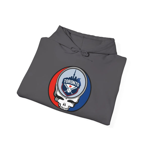 Dark gray hoodie with stacked-fold look, drawstring hood, Toronto logo emblem
